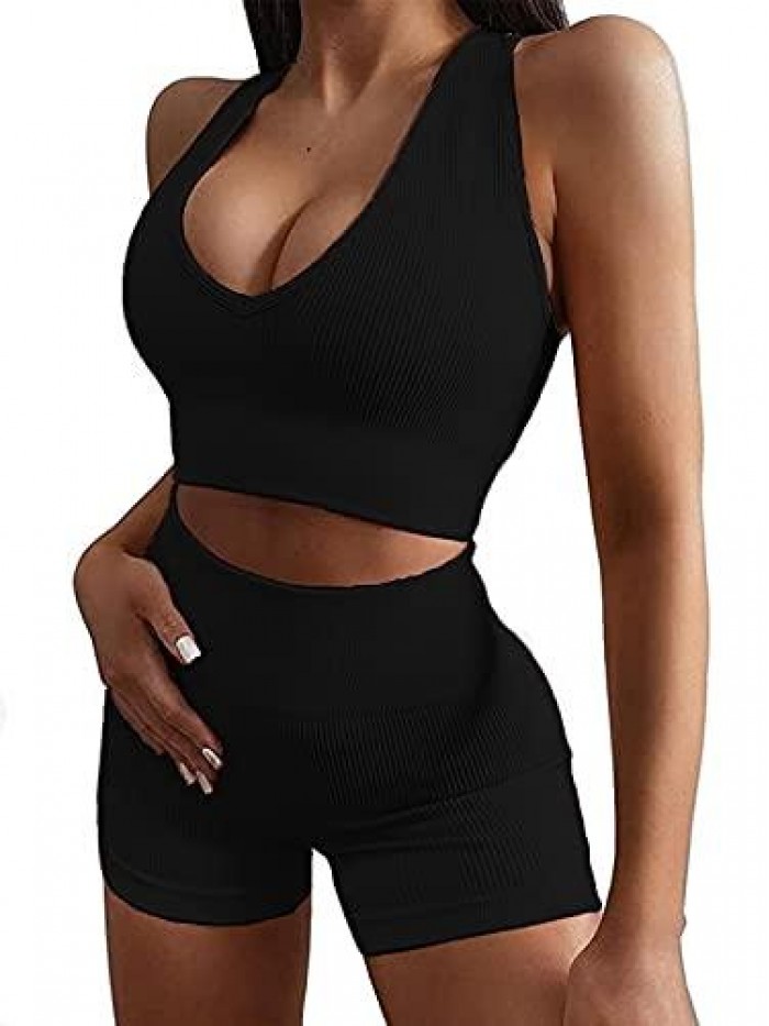 Womens Seamless Workout Sets Two Piece Exercise Outfits Ribbed Racerback Activewear Sets 