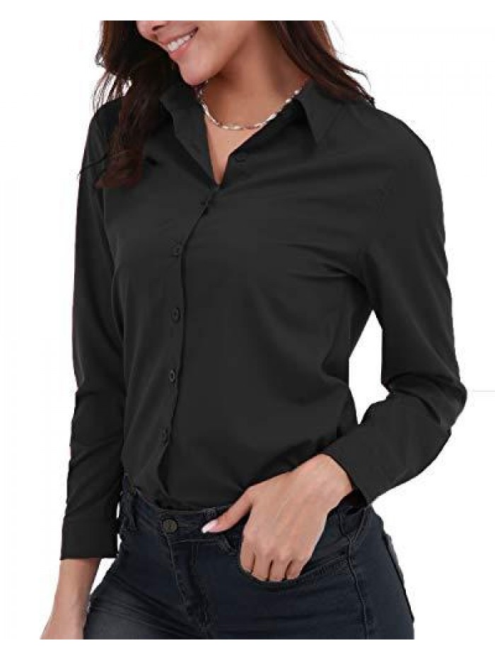 Women's Basic Button Down Shirts Long Sleeve Plus Size Simple Stretch Formal Casual Shirt Blouse 