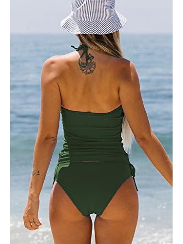 Bathing Suit Solid Color Drawstring Side Halter Neck Tankini Set, Solid Black, S 