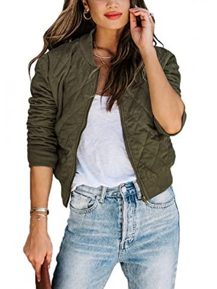 Women's Quilted Jacket Zip Up Long Sleeves Raglan Bomber Jackets with Pockets 