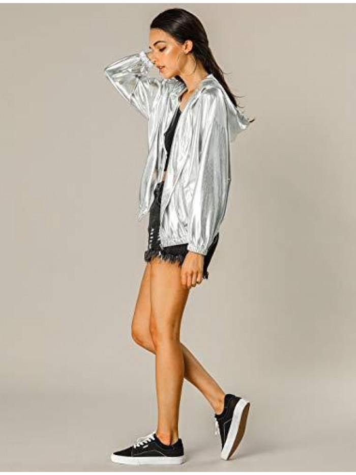 K Women's Holographic Shiny Long Sleeve Zipper Hooded Metallic Jacket 