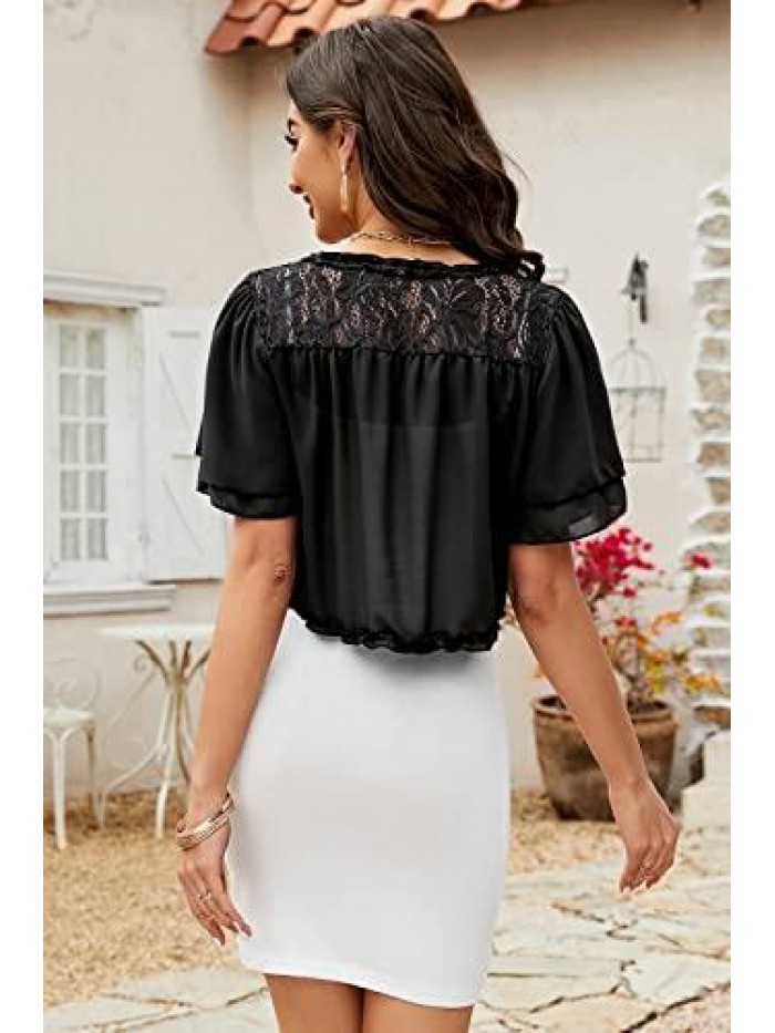 Womens Short Sleeve Chiffon Crop Lace Back Layer Cardigan Bolero Shrug 