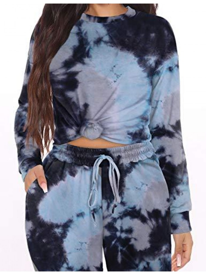 Womens Two Piece Outfits Tie Dye Long Sleeve Pullover Pajamas Sets 
