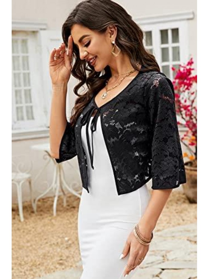 Women 3/4 Bell Sleeve Lace Floral Cropped Bolero Shrug Open Front Cardigan 