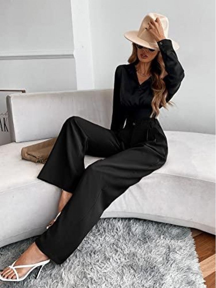 Women's Casual High Waist Wide Leg Pants Trousers with Pocket 
