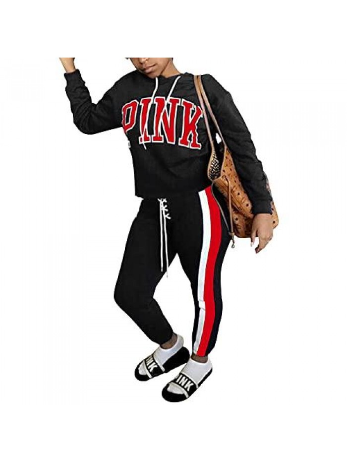 Women 2 Piece Outfits Long Sleeve Letter Print Hoodie Pullover and Jogging Pants Sweat Suits Sets 