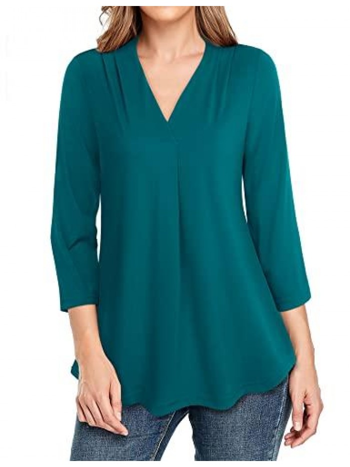 V Neck 3/4 Sleeve Shirts Work Business Casual Office Blouse for Womens Professional Elegant Top Peasant Tunics Tops 