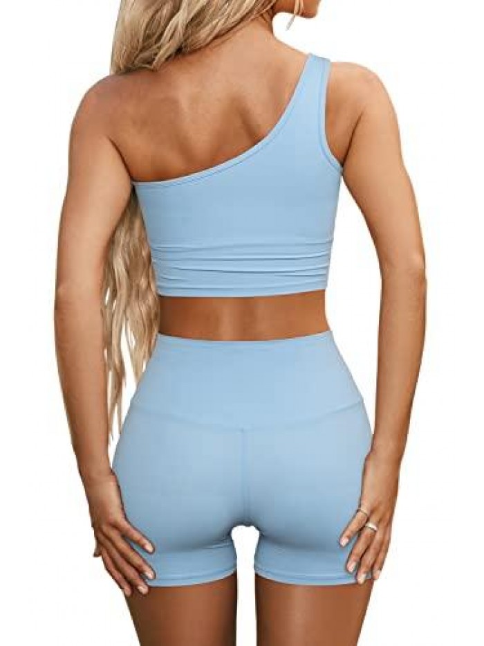 2 Piece Workout Outfits for Women One Shoulder Coutout Sport Bra High Waist Yoga Shorts Sets 