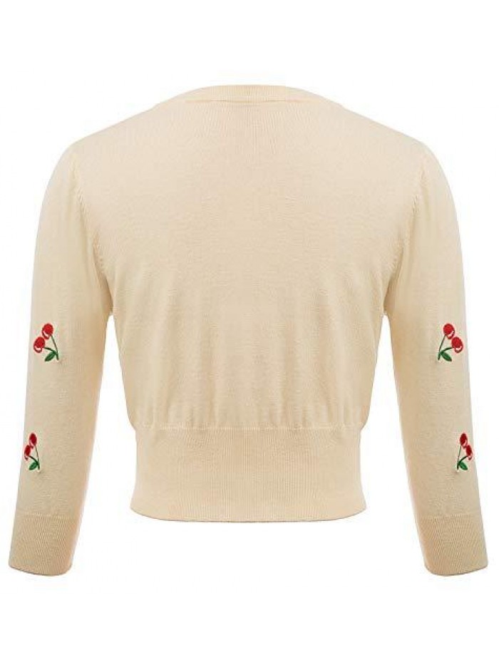 Poque Women's 3/4 Sleeve V-Neck Button Down Cherries Embroidery Cropped Cardigan Sweater Coat 
