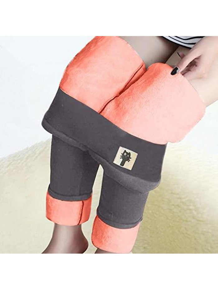 Pants for Women Set, Fleece Lined Winter Warm Leggings for Women Solid Color Cute Cat Print Thermal Tights 