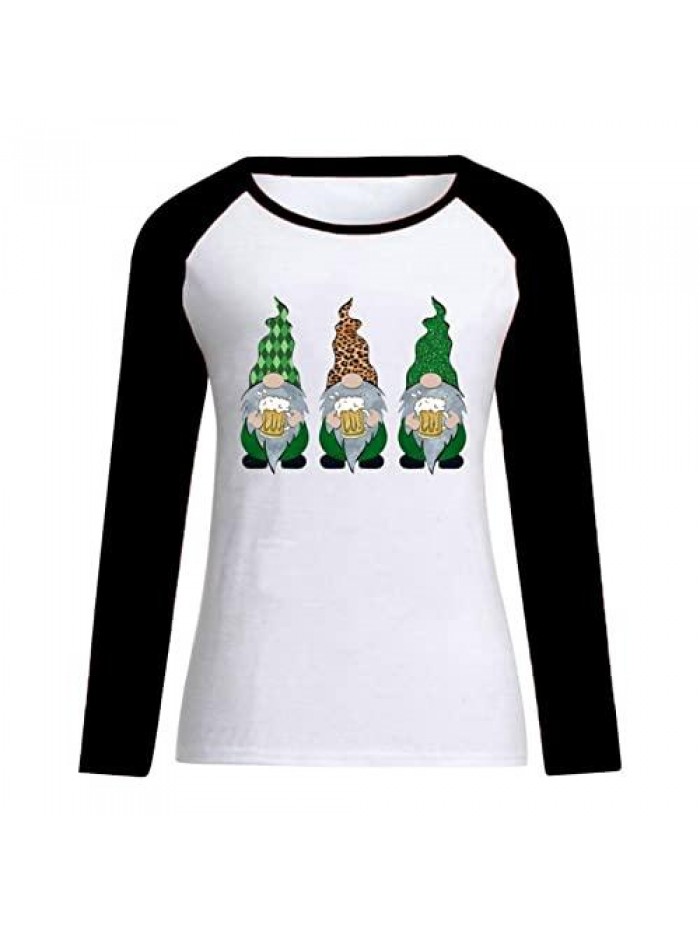 Patrick's Day Gnome Holding Shamrock Graphic Shirt for Women Long Sleeve Round Neck Pullover Sweatshirt Tees Tops 