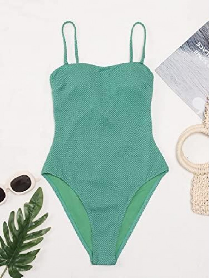 Women's Textured One Piece Swimsuit Lace Up Back High Cut Bathing Suit with Adjustable Spaghetti Straps 