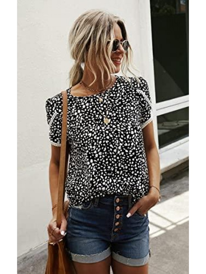 Women's Tops Casual Floral Print Lace Crochet Short Sleeve Crewneck Summer Loose Blouse Shirt Tunic Top 
