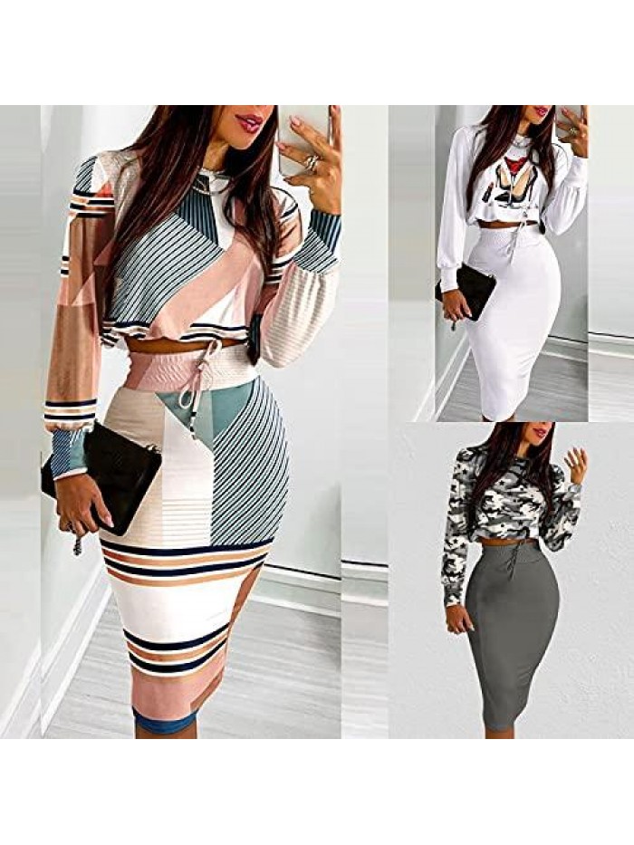 Fall Clothes Two Piece Outfits Print Sweatshirt High Waist Skirt Dress and Long Sleeve Tops Blouse Sweater Set 