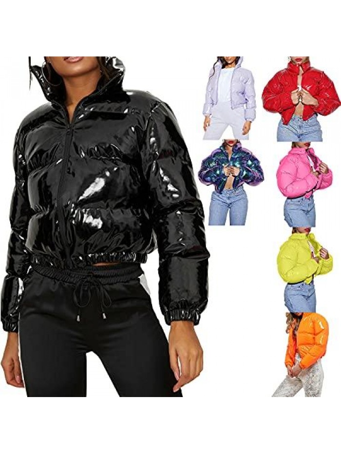 Women Colorful Patent Leather Down Jacket Long Sleeve Stand Collar Quilted Puffer Jackets Cropped Outwear 