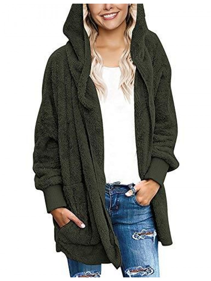 Womens Fuzzy Fleece Open Front Hooded Cardigan Jackets Sherpa Coat with Pockets 