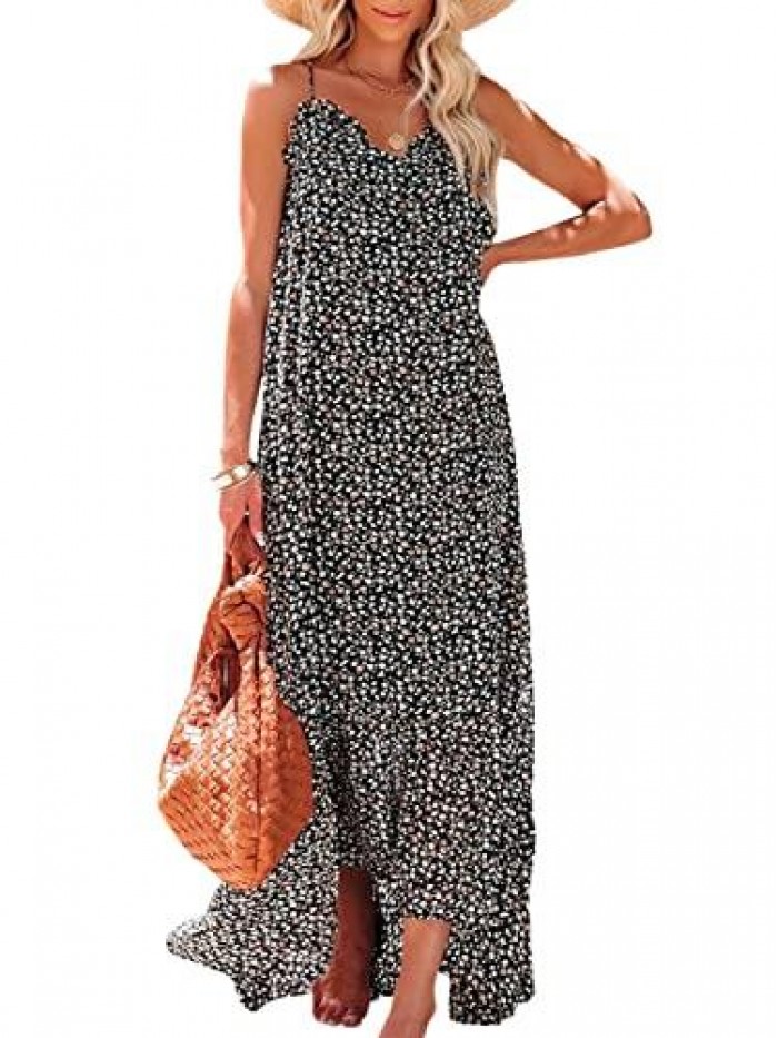 Womens Summer High Low Ruffle Maxi Dress Spaghetti Strap Print Flowy Beach Long Dress 