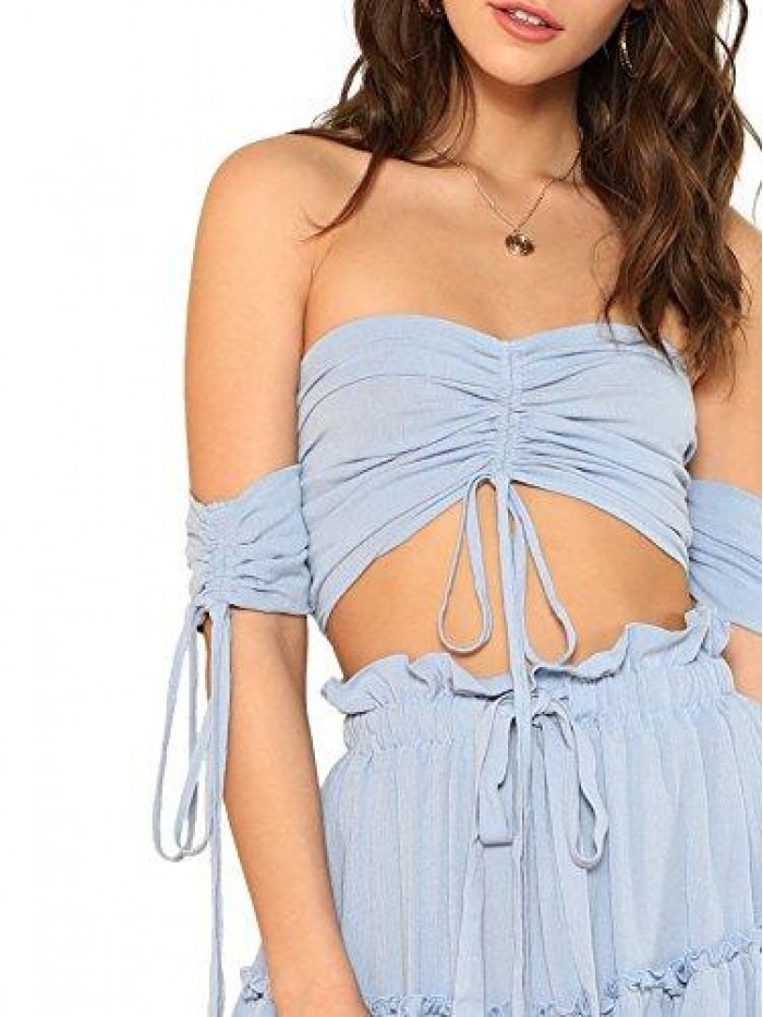 Women's Two Piece Outfit Off Shoulder Drawstring Crop Top and Skirt Set 