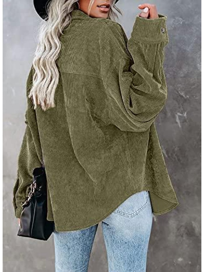 Women's Corduroy Shirt Long Sleeve Button Down Blouse Casual Oversized Jacket with Pocket 
