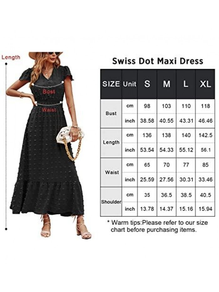 Women's Boho Short Sleeve V Neck Ruffle Tiered Maxi Dress Swiss Dot Smocked Dress Beach Long Dress 
