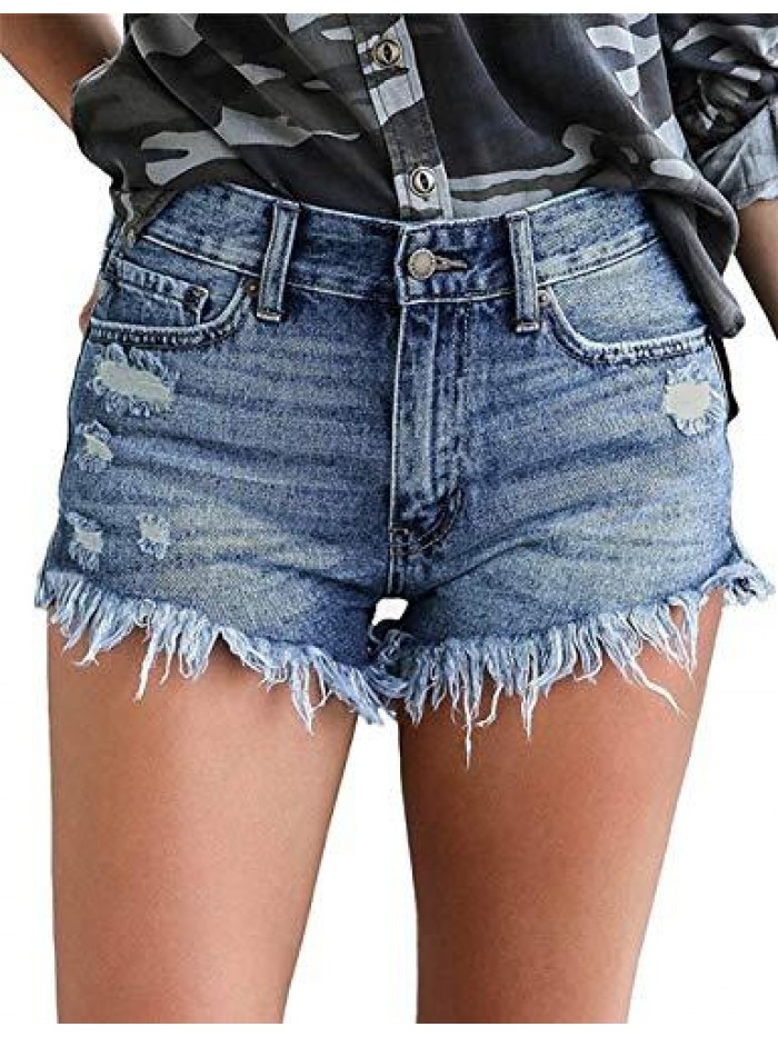 Cut Off Denim Shorts for Women Frayed Distressed Jean Short Cute Mid Rise Ripped Hot Shorts Comfy Stretchy 