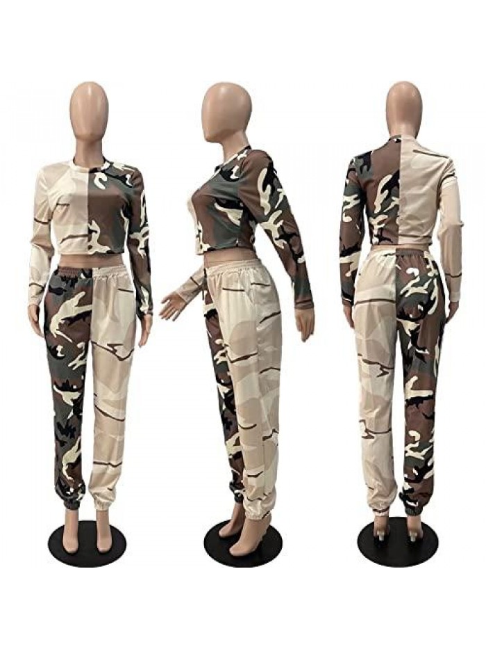 Two Piece Outfits Pants Set Long Sleeve Casual Printed Pullover Tops and Pants Set with Pockets S-2XL 