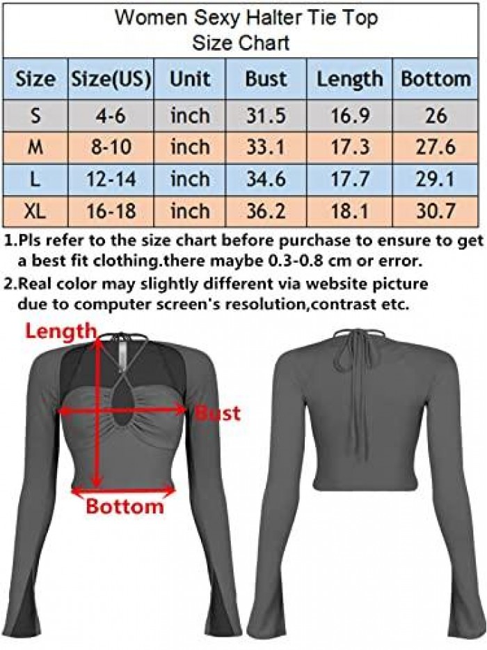 Women's Sexy Halter Criss Cross Tie Up Crop Top Basic Long Sleeve Cut Out T Shirt 