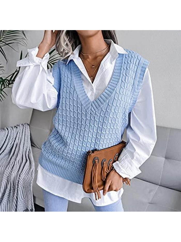 Women Sweater Vest with Shirt Hollow Trendy V Neck Solid Color Knit Sweater Vest Fashion Casual Sleeveless Vest Tops 