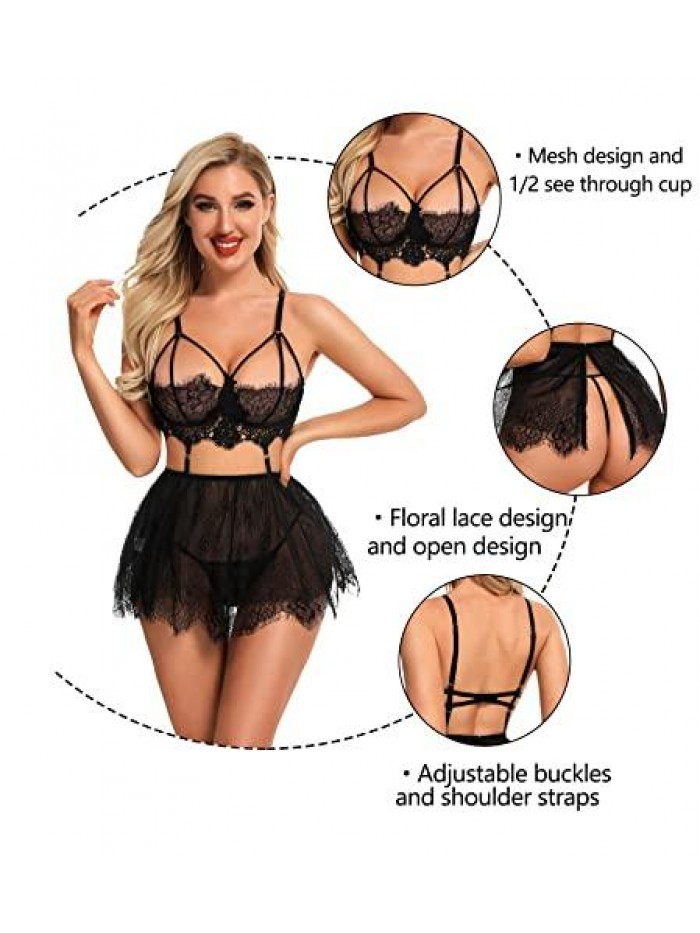 Lingerie for Women Lace Babydoll Chemise Sexy High Waisted Nightdress Sleepwear Set 