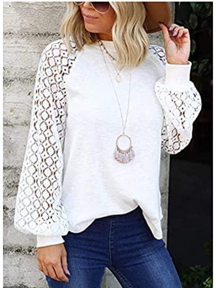 Women Trendy Blouses Casual Loose Knit Tops Pullover Hollow-Out Lace Long Sleeve Shirts TY3 