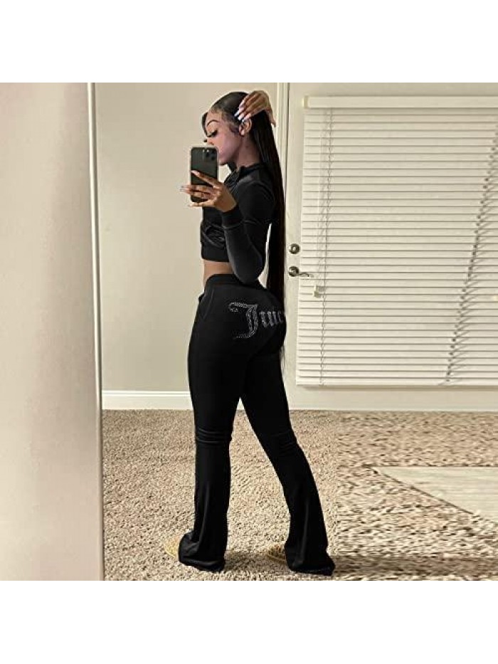 Tracksuit Sets 2 Piece Velour Sweatsuits Workout Crop Jacket Flared Pants Joggers Outfits  