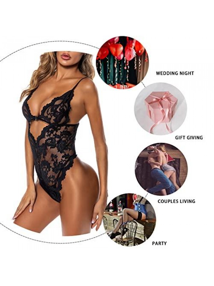Lace Women Lingerie Sexy Naughty Floral Teddy One Piece See Through Bodysuits Deep V Neck Backless Mini Babydoll 