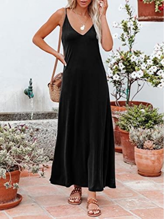 Women's Casual Sleeveless Deep V Neck Summer Beach Long Cami Maxi Dress Adjustable Spaghetti Strap 