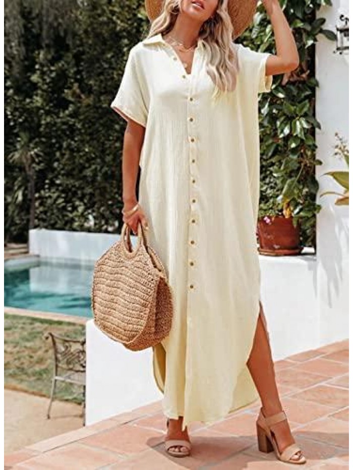 Womens Casual Short Sleeve Side Split Button Down Long Kimonos Cardigans Swimsuit Cover Ups 