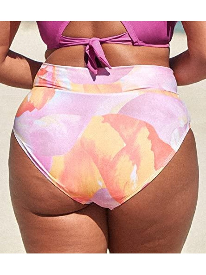 Women's Plus Size High Waisted V Shape Abstract Print Bikini Bottom 