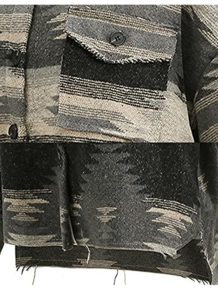 Women's Vintage Aztec Print Pattern Loose Shacket Button Down Long Sleeve Woolen Jacket Shirts Coat 