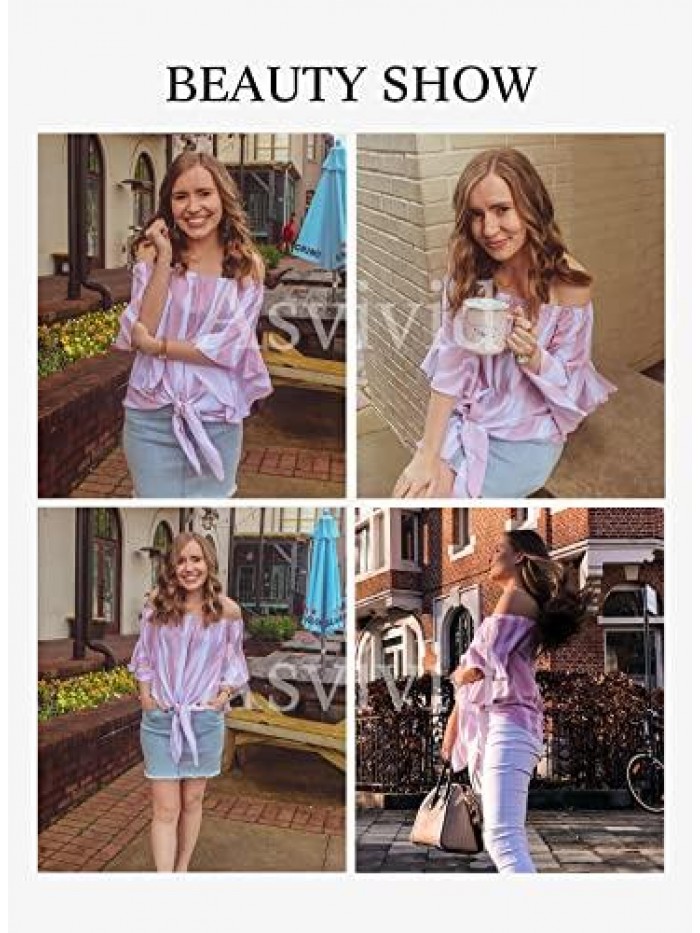 Womens Summer Floral Printed Off The Shoulder Tops 3 4 Flare Sleeve Tie Knot T-Shirt Blouses 
