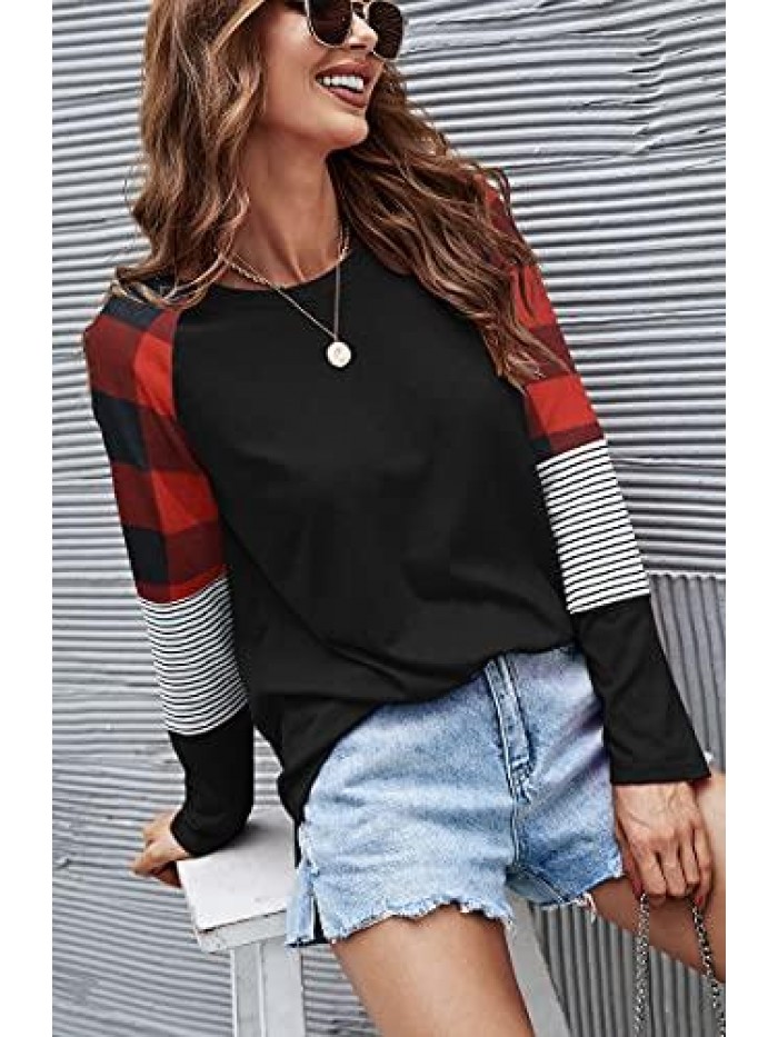 Women's Camo Color Block Tunics Casual Long Sleeve Shirt Striped Blouse Tops 