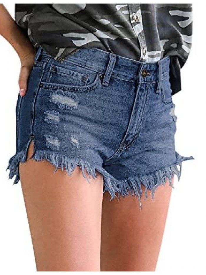 Women's Mid Rise Frayed Raw Hem Ripped Destroyed Denim Shorts Jeans 
