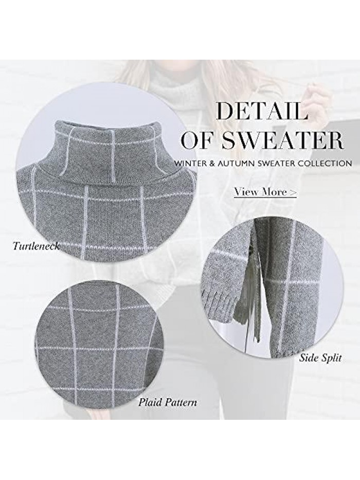 Winter Women’s Turtleneck Knit Sweater Long Sleeves Pullover Plaid Side Split Checked Outwear Loose Fit Tops 