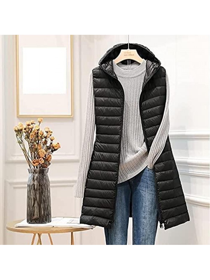 Long Down Vest for Women with Hood Fashion Lightweight Puffer Coats Puffy Bread Jackets Winter Warm Outwear Overcoat 