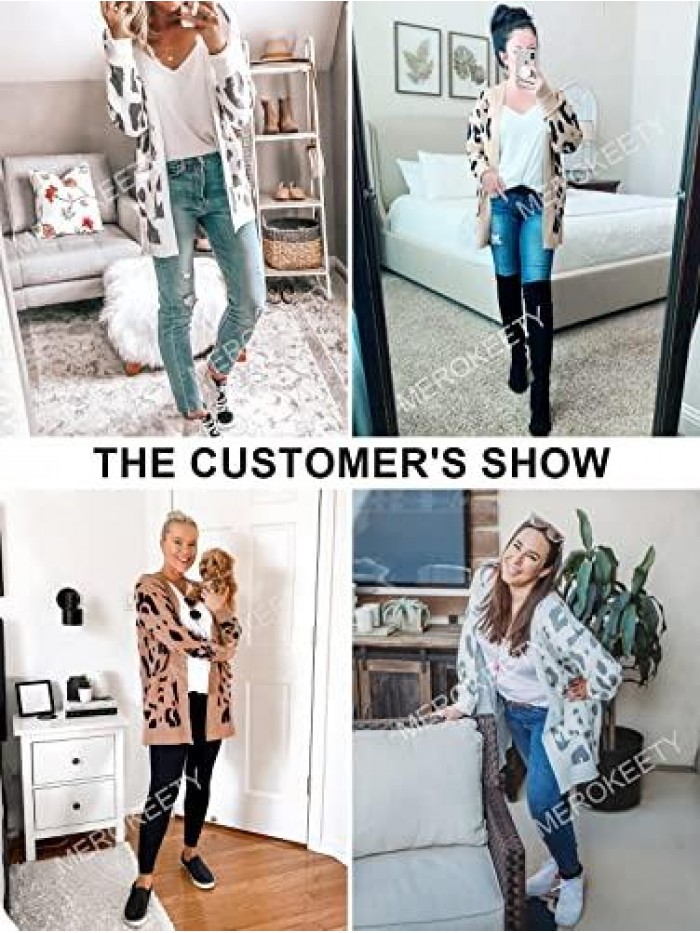 Women's Open Front Leopard Knit Cardigan Sweaters Long Sleeve Outwear 