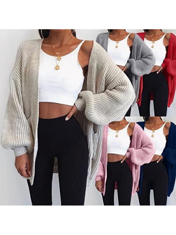 Women's Open Front Cardigan Oversized Lantern Sleeve Solid Color Chunky Knit Sweater Coat with Pockets 