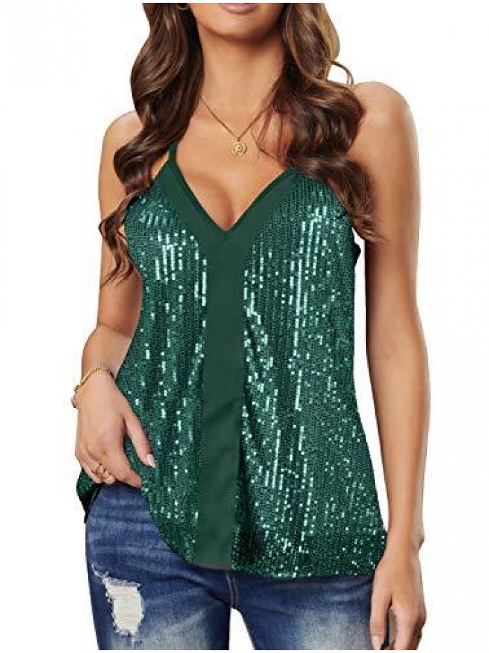 flare Women Sexy Sparkle All Over Sequin Cami Tank Tops 