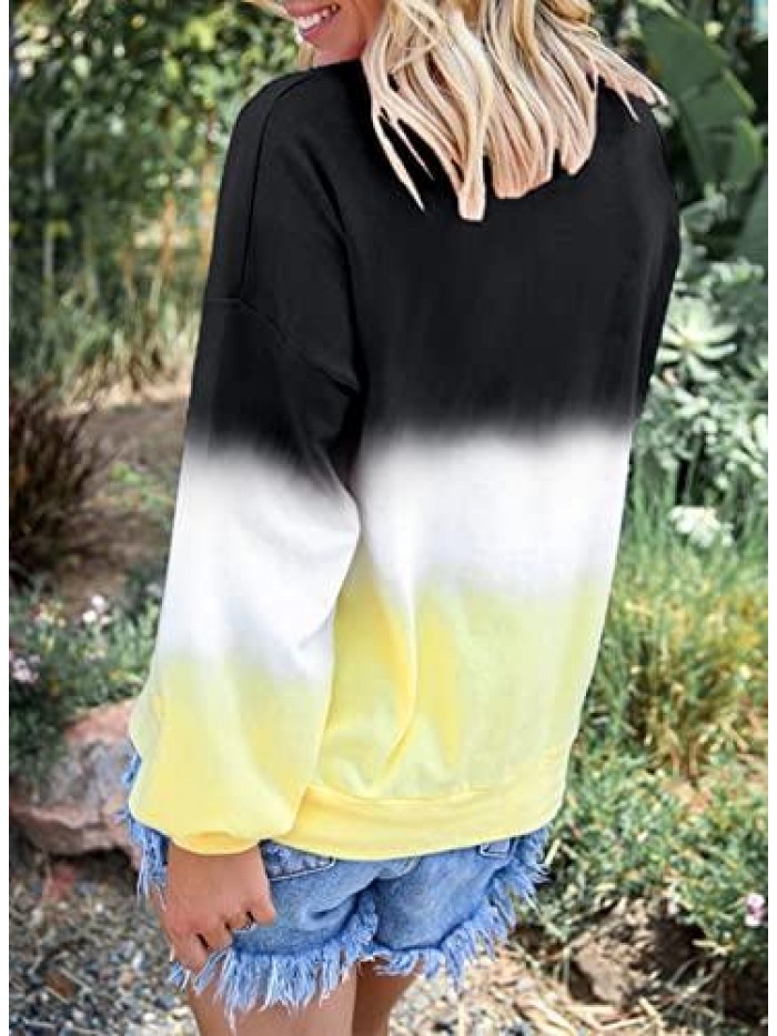Women's Casual Color Block Tie Dye Crewneck Long Sleeve Loose Pullover Sweatshirt Tops 
