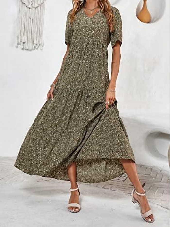 Women’s Summer Short Sleeve V Neck Floral Print Tiered Maxi Dress High Waist Boho Flowy Long Dress 