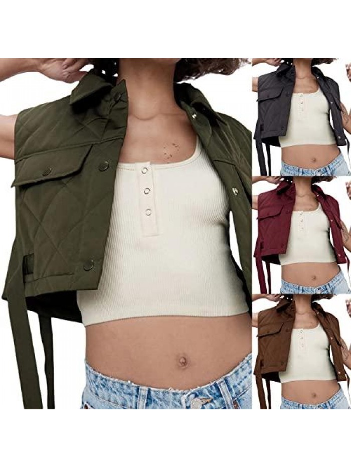 Cotton Padded Crop Vest Zip Up Stand Collar Sleeveless Puffer Vest Padded Gilet Warm Outerwear Streetwear 