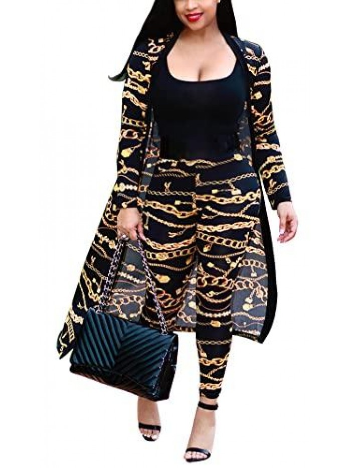 2 Piece Outfits Plus Size Long Sleeve Maxi Cardigan Duster Pants Set Casual Cover Ups(S-4XL) 