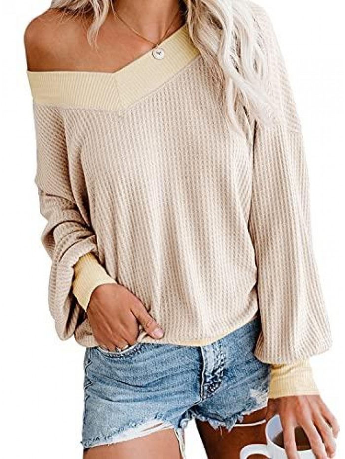 Women's V Neck Long Sleeve Waffle Knit Top Off Shoulder Oversized Pullover Sweater 