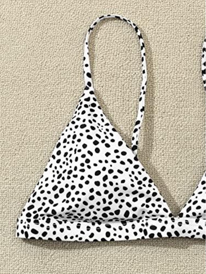 HUX Women's Dalmatian Print Spaghetti Strap V Neck Triangle Bikini Top Swimsuit 